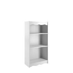 a white bookcase with three shelves on each side