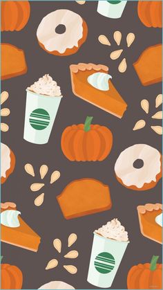 an image of pumpkin pies and cupcakes with whipped cream on them seamless background