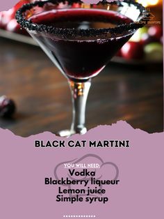 🖤🍸 Unleash your inner feline with the Black Cat Martini! A bewitching blend that's perfect for your Halloween celebrations! Black Cat Martini Ingredients: Vodka (2 oz) Blackberry liqueur (1 oz) Lemon juice (0.5 oz) Simple syrup (0.5 oz) Blackberries (for garnish) Instructions: In a shaker, combine vodka, blackberry liqueur, lemon juice, and simple syrup with ice. Shake well and strain into a chilled martini glass. Garnish with blackberries. 😺✨ Enjoy the Black Cat Martini! This cocktail is... Halloween Martini Recipes, Cat Martini, Halloween Martini, Best Martini Recipes, Martini Recipes Easy, Martini Recipes Vodka, Halloween Party Drinks, Martini Ingredients