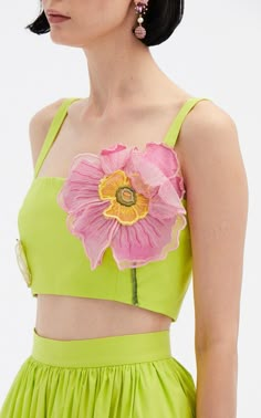 Flower Inspired Fashion Design, Multicolor Embroidered Top For Festivals With Floral Design, Designer Yellow Dress With Floral Embroidery, Yellow Floral Embroidery Festival Dress, Green And Pink Dress, Floral Dress Runway 2023, Neon Green Fashion, Flowers Outfit, Fashion Top Outfits