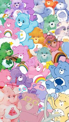 there are many different colored teddy bears together