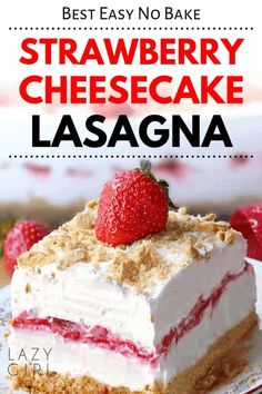 strawberry cheesecake lasagna on a plate with strawberries