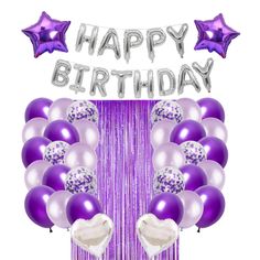 balloons and streamers with the words happy birthday on it in front of a purple background