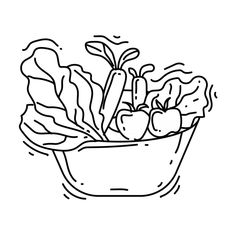 a black and white drawing of vegetables in a bowl with lettuce, tomatoes, carrots, radishes