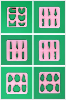 four pictures of different shapes and sizes of plastic objects on a green surface with white background