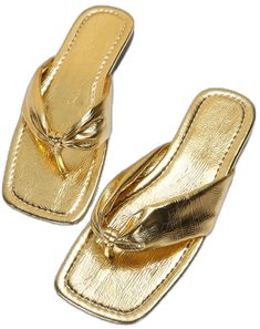 Casual Gold Flat Heel Flip Flops, Casual Gold Flip Flops With Flat Heel, Gold Flat Casual Flip Flops, Casual Gold Flip Flops For Spring, Trendy Gold Synthetic Flip Flops, Gold Trendy Synthetic Flip Flops, Beach Toe Post Faux Leather Sandals, Trendy Polyurethane Sandals For The Beach, Trendy Polyurethane Sandals For Beach