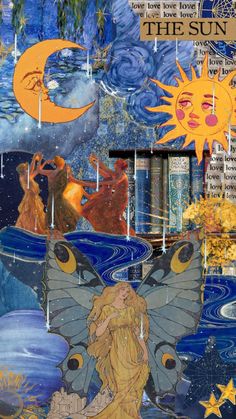 an altered collage with images of the sun, moon and other things in it