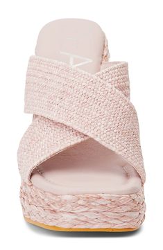 Crisscrossing straps and braided trim along the sole bring abundant texture to this lofty platform sandal. 4" heel; 1" platform Contoured footbed with arch support Synthetic upper, lining and sole Imported Cute Beach Shoes, Trendy Wedges, Italy Vibes, Trending Flats, Summer Wedges, Rollerball Perfume, Vibe Clothes, On Beach, Platform Heel