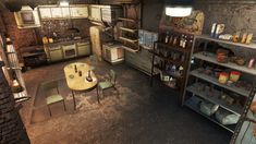 an old fashioned kitchen and dining room with lots of stuff on the shelves in it