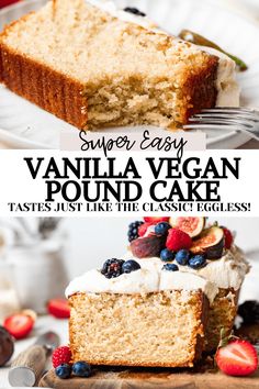 a slice of vanilla vegan pound cake on a plate