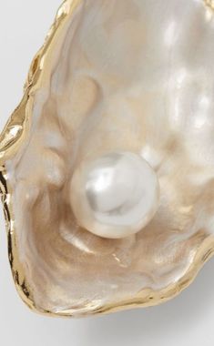 an oyster shell with a white pearl in it's center, against a white background