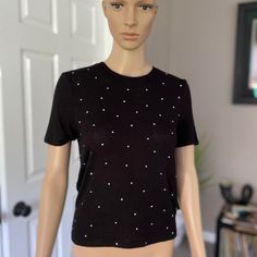 Super Soft And Cute!! Light Weight Black Top With Silver Metal Rhinestones Down The Front Of Shirt. In A Size Small. Zara Fitted Tops With Rhinestones, Zara Fitted Rhinestone Tops, Zara Rhinestone Tops For Night Out, Trendy Embellished Black Tops, Zara Rhinestone Party Top, Trendy Black Embellished Tops, Short Sleeve Tops With Rhinestones For Night Out, Casual Rhinestone Tops For Night Out, Fitted Black Embellished T-shirt