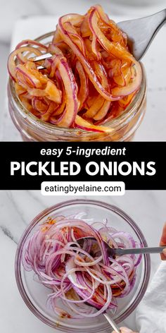 Marinated onions in a glass jar above a photo showing raw onions being tossed in the marinade. Marinated Red Onions, Marinated Onions, Veggie Bowl Recipe, Pickled Foods, Date Syrup, Quick Pickled Onions, Plant Based Recipes Easy, Sugar Free Vegan, Vegan Gluten Free Recipes