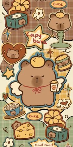 a cartoon bear is surrounded by food and other things in the background, with words above it