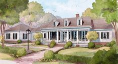 this is an artist's rendering of the front of a house with trees and bushes