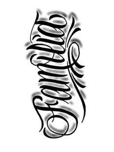 a black and white tattoo design with the word's name written in cursive writing