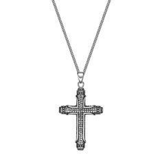 Showcase the strength of your faith with this stainless steel cross pendant necklace. Showcase the strength of your faith with this stainless steel cross pendant necklace. FEATURES Pendant size: 2.24"L x 1.27"W Chain length: 24 in. Chain type: box Clasp: lobster-claw Metal: stainless steel Finish: antiqued Packaging: boxed Gender: male. Age Group: adult. Stainless Steel Cross Pendant Necklace For Faith, Engraved Stainless Steel Cross Necklace, Stainless Steel Cross Pendant, Steel Cross, Box Clasp, Necklace Size, Cross Pendant Necklace, Lynx, Antique Finish