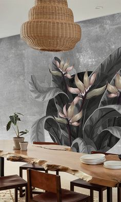 tropical concrete restaurant wallpaper Transitional Wallpaper, Nature Elements, Chic Dining Room, Palm Leaf Wallpaper, Banana Leaf Wallpaper, Dining Room Wallpaper, Circular Frame, Botanical Elements, Custom Wall Murals