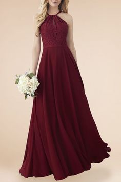 Burgundy lace and chiffon modern A-line long bridesmaid dress. Sleeveless lace bodice with halter straps. Natural waistline. Burgundy Bridesmaid Dresses Lace, Black Lace Party Dress, Maroon Bridesmaid Dresses, Formal Wedding Attire, Green Formal Dresses, Burgundy Bridesmaid, Designer Bridesmaid Dresses, Sleeveless Bridesmaid Dresses, Bridesmaid Dress Styles