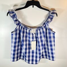 Brand New With Tags! Royal Blue And White Gingham Plaid, Cropped Length, Ruffled Sleeves. Cool Country Girl Style. Cotton Gingham Tops For Vacation, Sleeveless Gingham Blouse For Spring, Gingham Ruffled Tops For Vacation, Sleeveless Gingham Blouse For Summer, Spring Sleeveless Gingham Blouse, Gingham Ruffle Tops For Vacation, Spring Gingham Sleeveless Blouse, Summer Sleeveless Gingham Blouse, Summer Gingham Cotton Crop Top