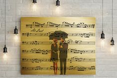 a painting with musical notes and two people under an umbrella