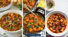 three different pictures of soups in bowls with spoons and bread on the side