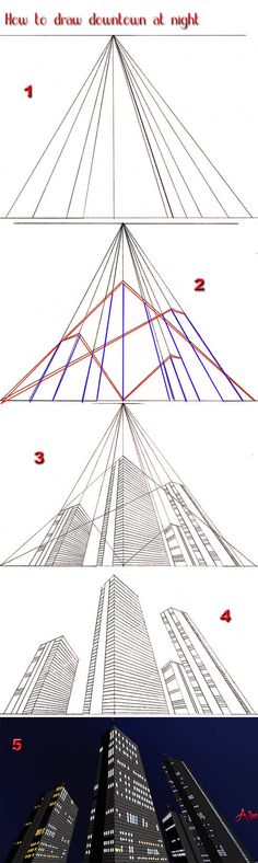 three different views of skyscrapers in the night and day, with text below them