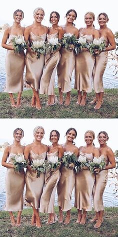 the bridesmaids are all wearing different dresses