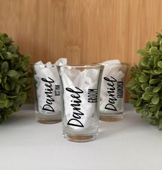 three shot glasses sitting on top of a table next to some green plants and pine cones