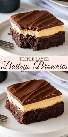 triple layer baileys brownies on a white plate