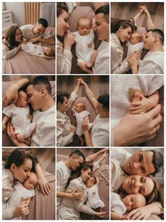 a collage of photos showing a man and woman holding their baby