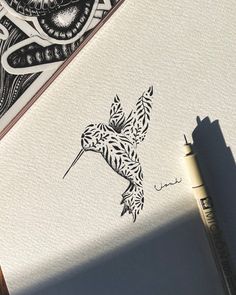 an ink drawing of a bird flying in the sky