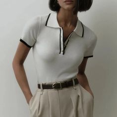 Jackie Casual Polo Knit Top Short Sleeve Business Casual, Chic V-neck Knit Polo Sweater, Fitted V-neck Polo Shirt For Workwear, White Ribbed Polo Collar Top, White Ribbed Top With Polo Collar, Summer Ribbed Polo Collar Top, Trendy Fitted Polo Sweater For Work, Fitted Polo Shirt For Business Casual In Spring, Elegant Collared Polo Shirt For Spring