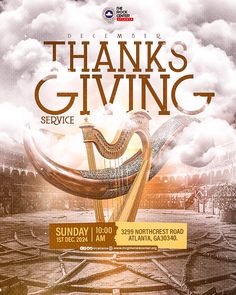 the poster for thanks giving service with an image of a harp and clouds in the background