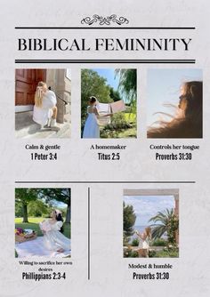 the flyer for biblical feminity with pictures of women in white dresses and trees