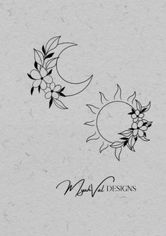 two sun and moon tattoos on the back of a white paper sheet with black ink