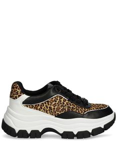 brown/black/white panelled design leopard print front lace-up fastening logo patch at the tongue logo plaque round toe branded insole platform sole chunky rubber sole Chanel 2, Print Sneakers, Iconic Bags, Loafer Mules, Boots Fall, Flat Boots, Exclusive Fashion, Ski Wear, Ballet Flat Shoes