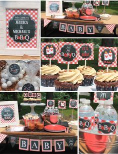 a collage of pictures with baby shower items and decorations on it's table