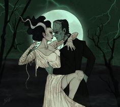 a man and woman are dancing in front of a full moon with trees behind them