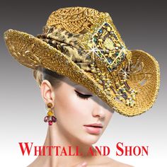 Adorning this open weave cowboy hat is a luxurious draped sparkle leopard hatband at the center of which sits a hand-beaded motif inspired by tribal artisans. This central piece features intricate beadwork, showcasing traditional patterns and designs that reflect the rich heritage of tribal craftsmanship. The wired 3″ brim allows the one to fashion the brim to ones liking. Elegant Gold Hat For Festival, Elegant Gold Festival Hat, Bohemian Gold Party Hat, Gold Bohemian Party Hat, Western Gold Hat Band For Rodeo, Bohemian Gold Hat Bands For Country Events, Elegant Embellished Hats For Festival, Gold Western Hat Band For Western-themed Events, Gold Western Hat For Country Events