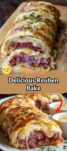 the delicious reuben bake has been cut in half and is ready to be eaten