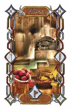 a card with an image of a waterfall and apples on it, surrounded by other items