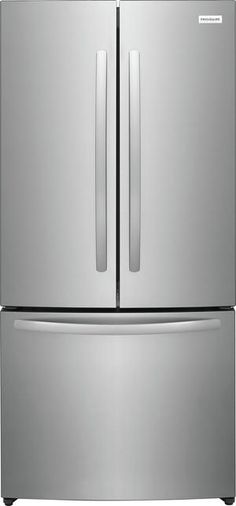 a stainless steel refrigerator freezer with two doors and one door on each side, in front of a white background