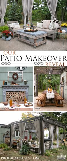 an outdoor patio makeover reveal with lots of furniture and decor in the backyard, including a covered seating area