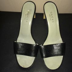 Gucci Sandals Gucci Black Leather Sandals, Gucci Black Luxury Sandals, Black Gucci Slip-on Sandals, Gucci Cushioned Slip-on Sandals, Gucci Leather Sandals With Gold-tone Hardware, Gucci Sandals, Wooden Heel, Gucci Black, Gucci Shoes