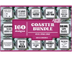 an assortment of coasters with the words coaster bundle on them in white and pink