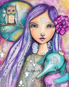 a woman with purple hair and an owl on her head is holding a blue elephant