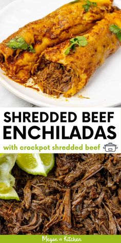 shredded beef enchiladas with crockpot shredded beef and lime wedges