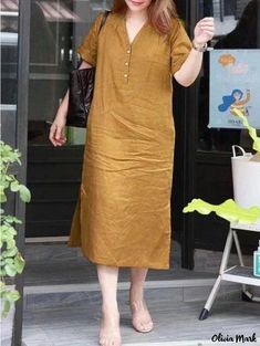 Olivia Mark - Loose-Fit Casual Fashion Split Short Sleeve Dress Loungewear Dress, Simple Casual Outfits, Ribbed Bodycon Dress, Trendy Fashion Tops, Long Sleeve Print Dress, Khaki Dress, Long Sleeve Bodycon, Long Sleeve Bodycon Dress, One Piece Dress