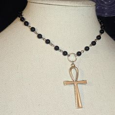 Large Ankh Cross Pendant Choker Necklace. Made With Black Glass Beads & Finished With Chain In The Back. Measures Approximately 14 Inches. Has A Lobster Clasp And 1.5 Inch Extension Chain. #Rosary #Choker #Cross #Goth #Grunge Gold Rosary Necklace, Vintage Diamond Necklace, Ankh Pendant, Black Pendant Necklace, Goth Choker, Ankh Necklace, Ankh Cross, Goth Accessories, Pendant Choker Necklace